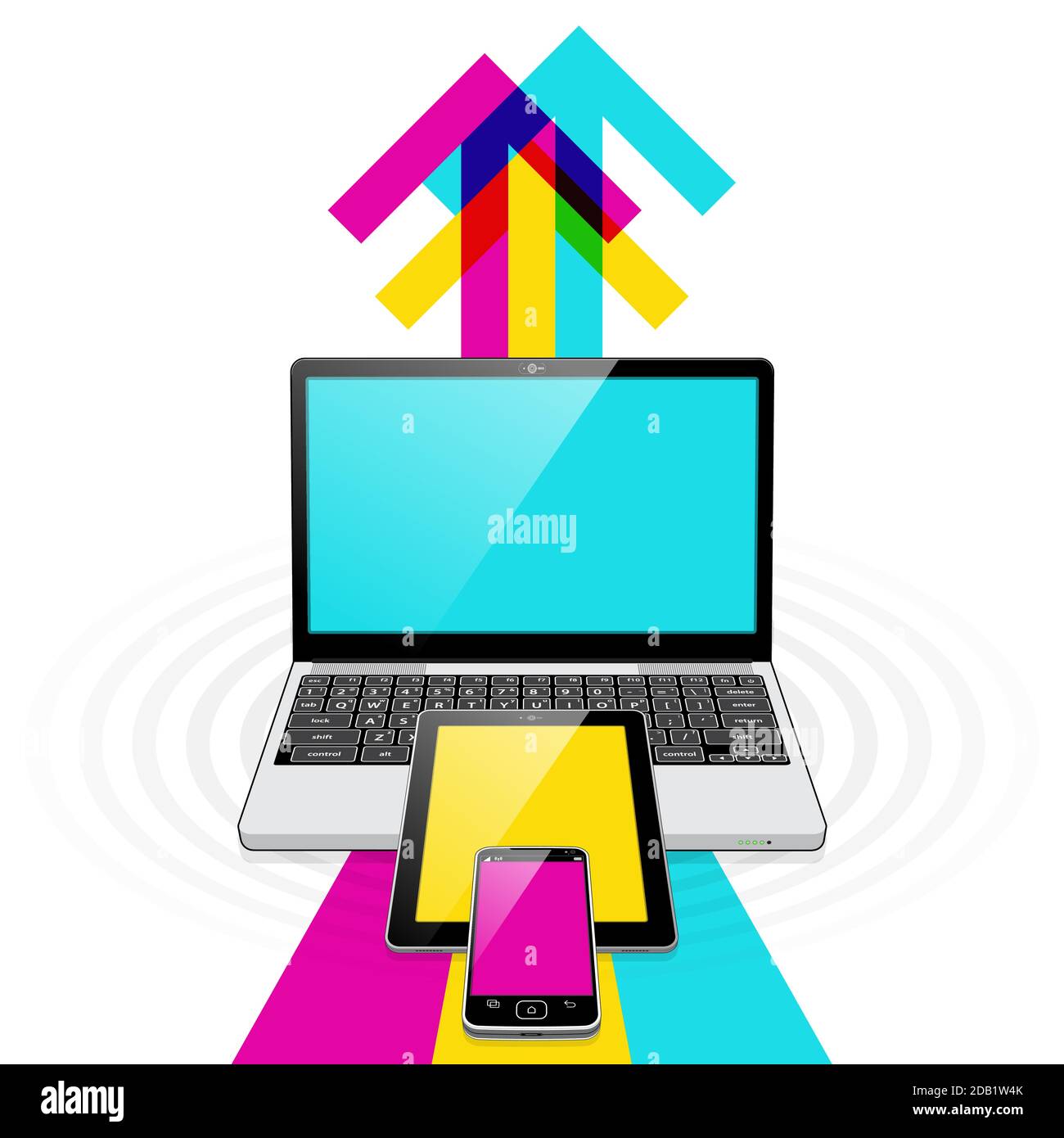 Uno smartphone, un Tablet PC e un computer portatile con 3 frecce sovrapposte che rappresentano un flusso di dati collegato a 5G ad alta velocità. Illustrazione Vettoriale