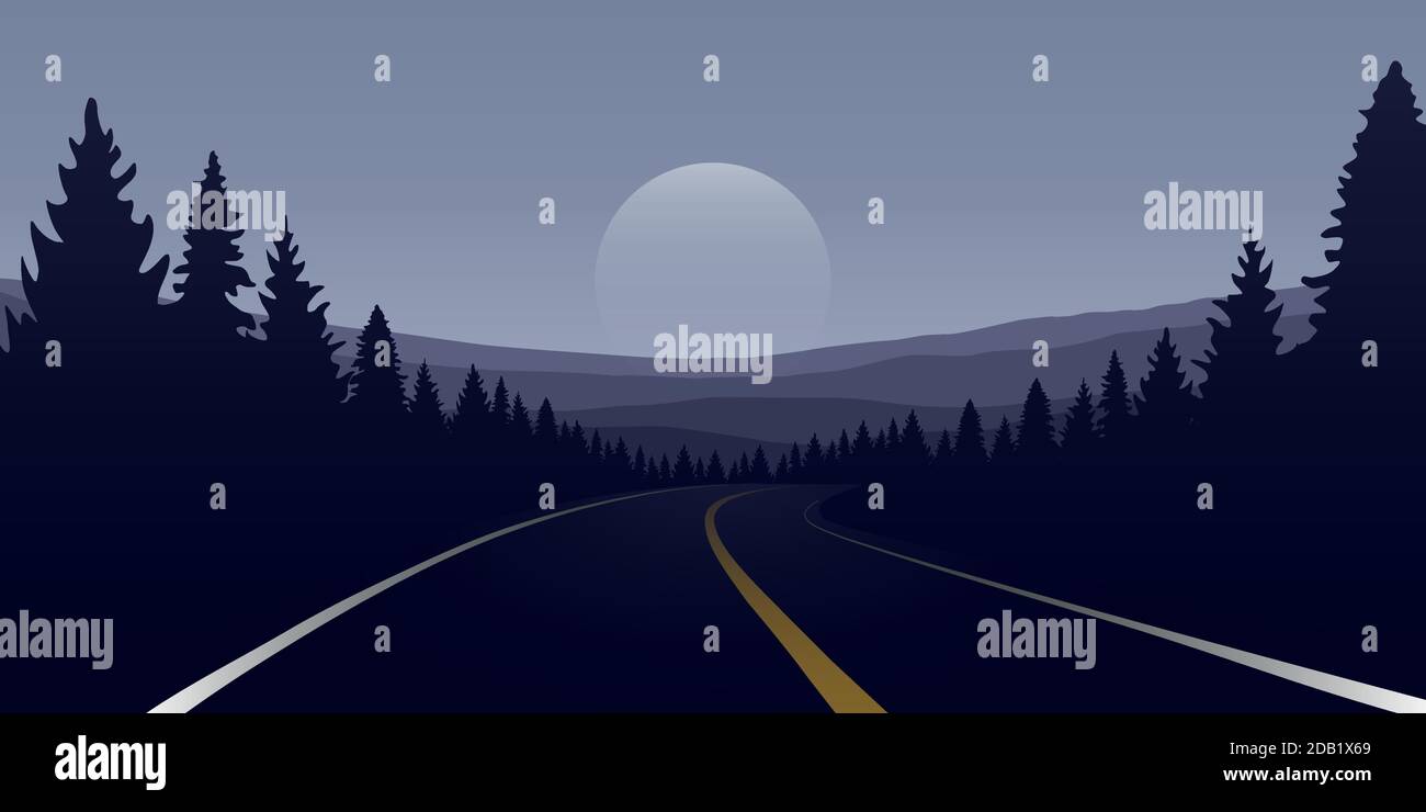 strada asfaltata in foresta e montagne da illustrazione vettore di notte EPS10 Illustrazione Vettoriale