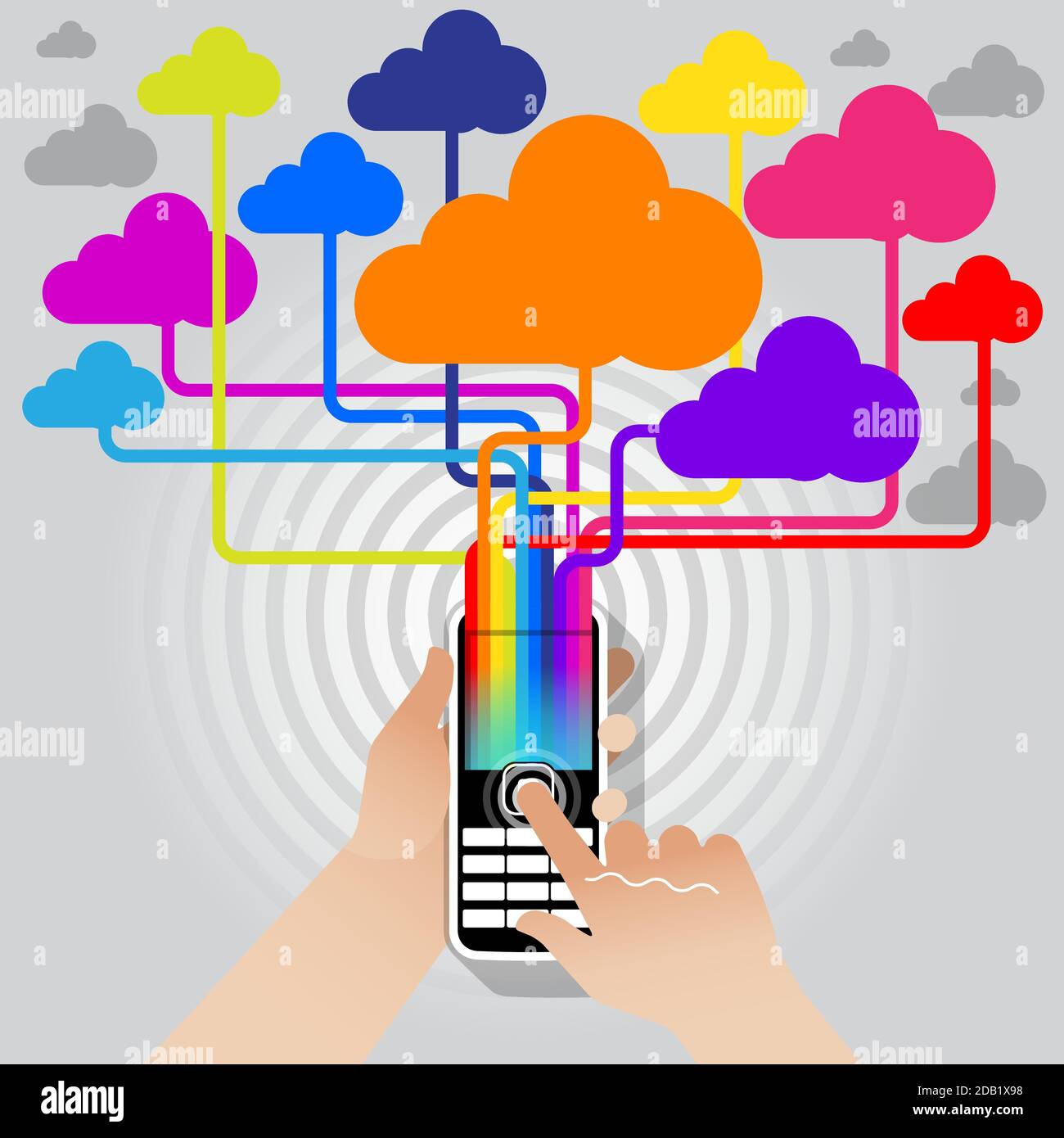 Un telefono cellulare con tastiera che trasmette informazioni e dati da e verso il WWW a velocità Super Hi tramite una rete 5G. Illustrazione Vettoriale