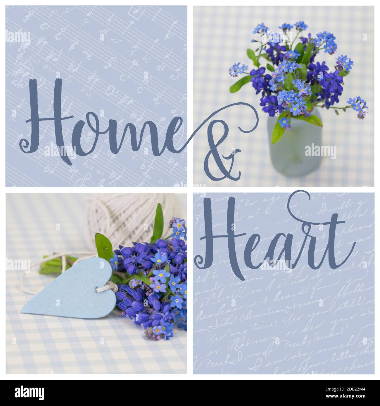 Collage di motivi primaverili e testo Home e cuore con in colori blu pastello, tutti i materiali e le immagini utilizzati sono il mio lavoro, perfetto per biglietti d'auguri, Foto Stock Collage di motivi primaverili e testo Home e cuore con in colori blu pastello, tutti i materiali e le immagini utilizzati sono il mio lavoro, perfetto per biglietti d'auguri, Foto Stock