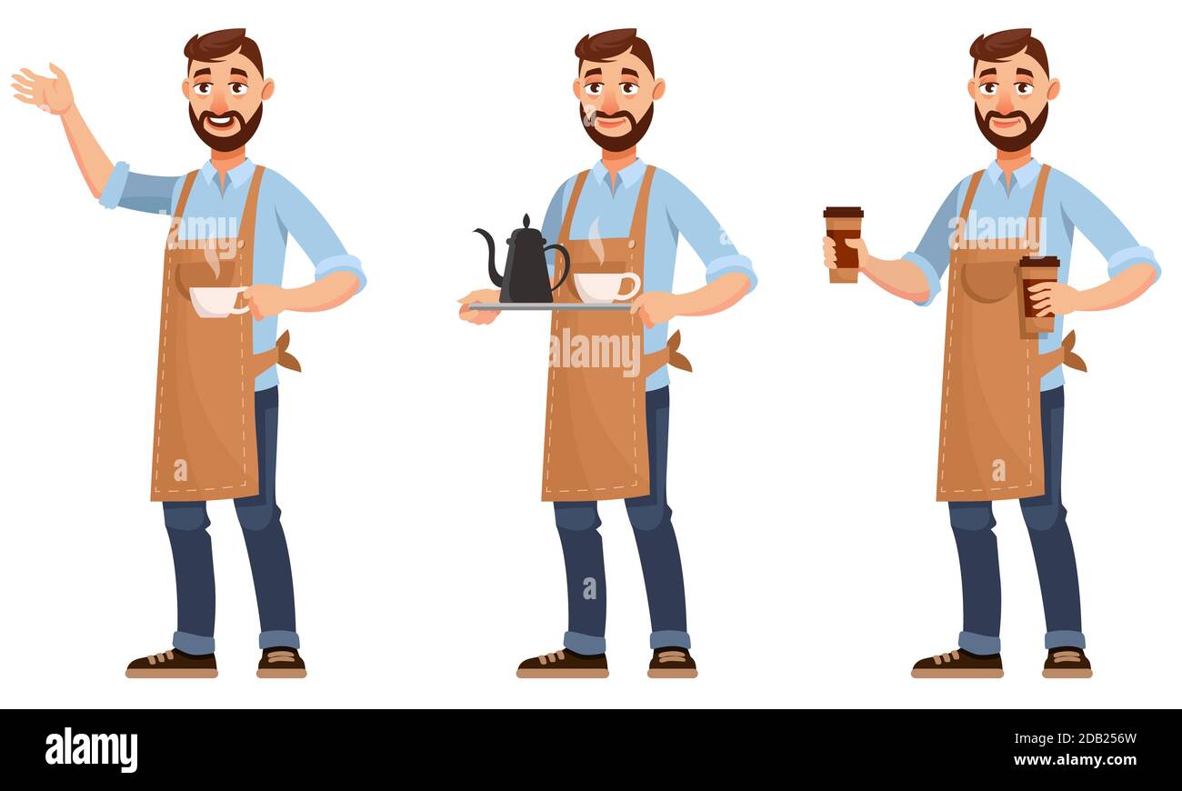 Barista in diverse posizioni. Carattere maschile in stile cartoon. Illustrazione Vettoriale
