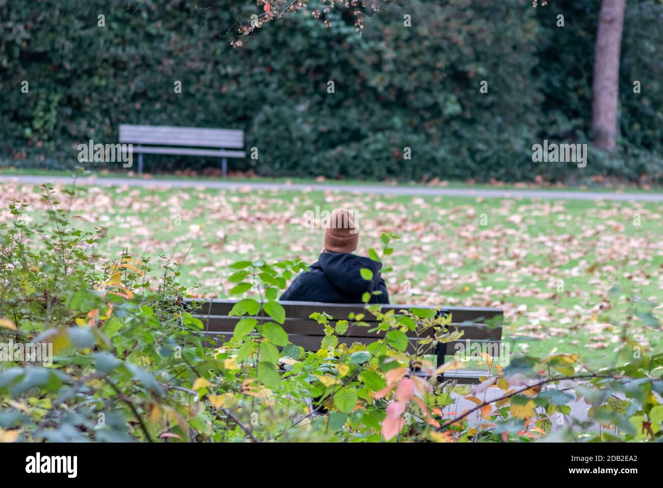 Donna solitaria seduta su una panchina del parco isolata con sociale distensione nella crisi corona pensieroso per appiattire la curva in l'epidemia e pandemia Foto Stock