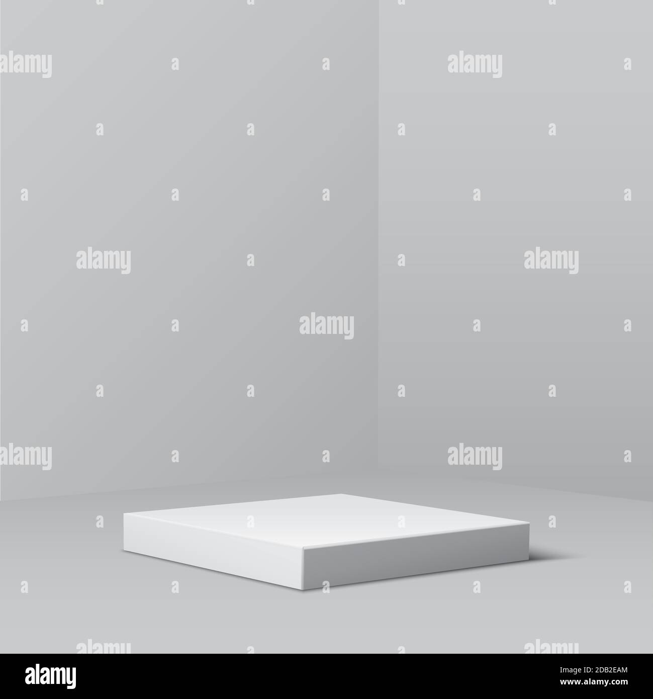 Podio grigio quadrato per prodotto. piedistallo 3d nell'illustrazione vettoriale interna. Palco geometrico sul pavimento in camera. Astratto luogo realistico per Illustrazione Vettoriale