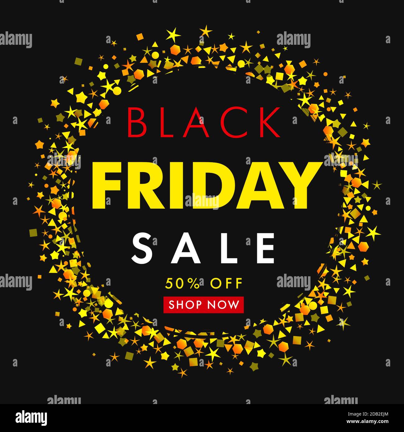 Banner di vendita Black Friday con stelle gialle su sfondo nero. Offerta speciale fino al 50% di sconto per volantini o poster. Modello adesivo vettoriale Illustrazione Vettoriale