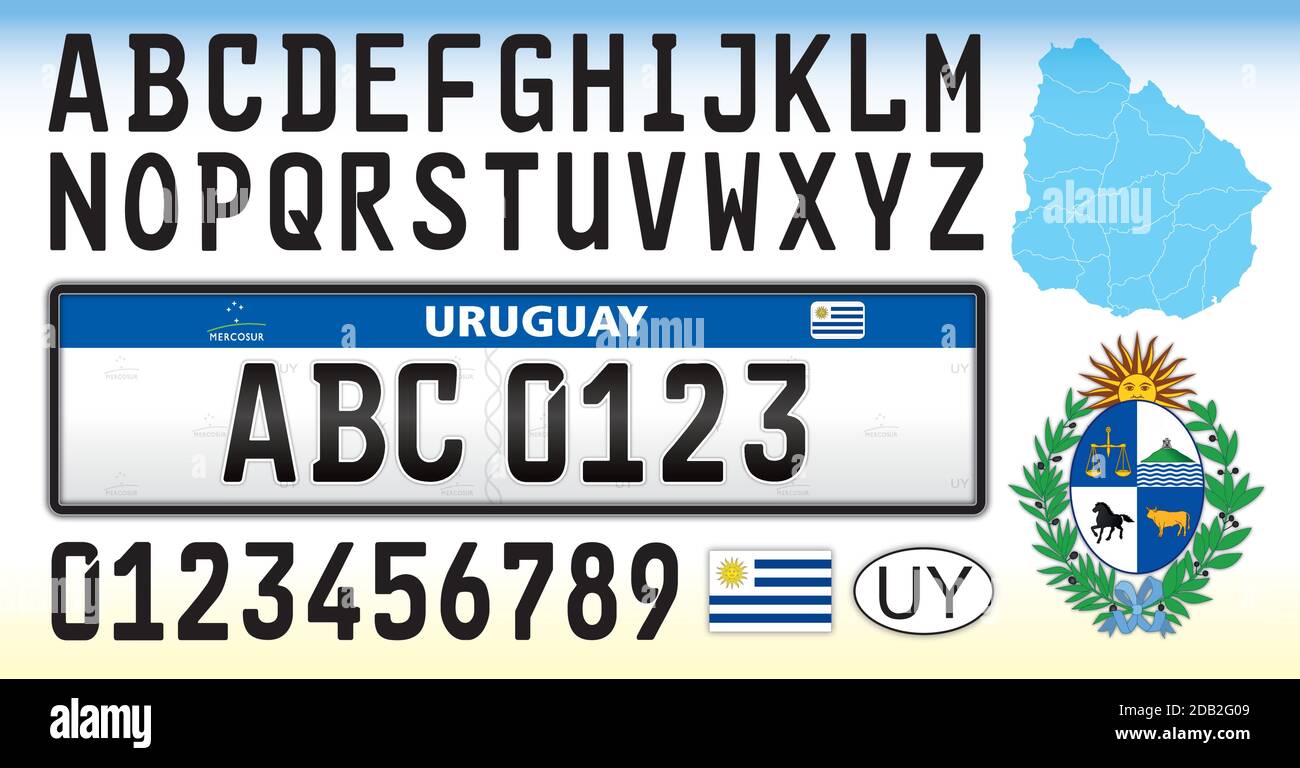 Targa auto Uruguay, lettere, numeri e simboli, America del Sud Illustrazione Vettoriale