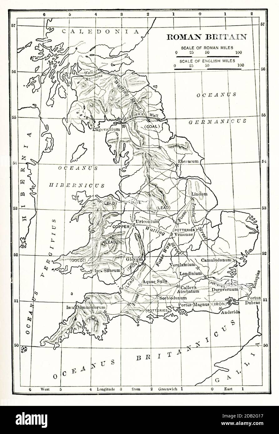Mappa romana Gran Bretagna. La provincia di Gran Bretagna (Britannia) era l'area dell'isola di Gran Bretagna che era governata dall'Impero Romano, dal 43 al 410 d.C., e comprendeva quasi tutta l'Inghilterra e il Galles e, per un breve periodo, la Scozia meridionale. Foto Stock