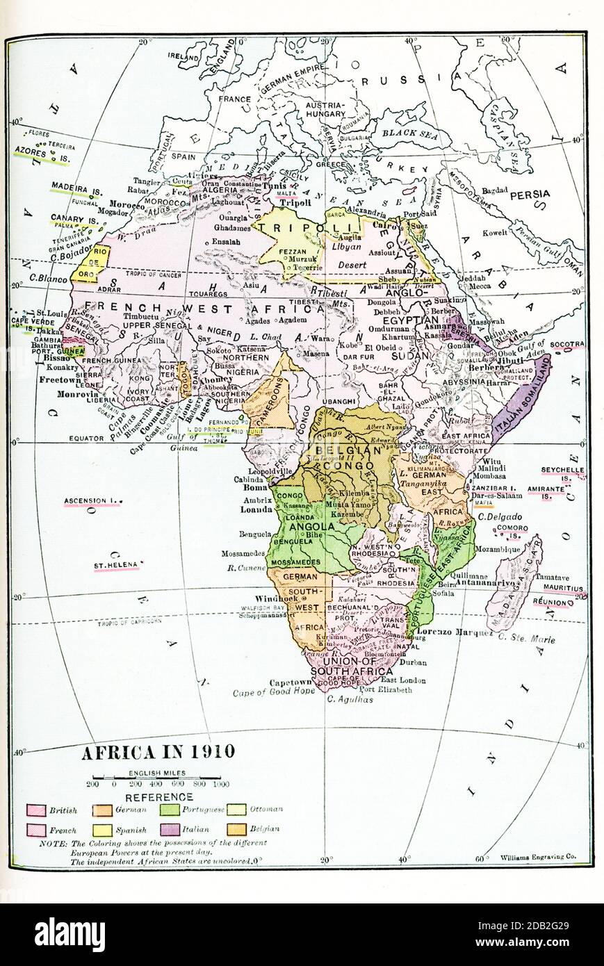 Mappa dell'Africa nel 1910. Nota: La colorazione mostra i possedimenti delle diverse potenze europee dell'epoca. Gli Stati africani indipendenti non sono colorati. Inglese: Rosa scuro; tedesco: Arancio; portoghese: Verde; ottomano: Giallo chiaro; francese:; rosa; spagnolo: Giallo; italiano: Viola; belga: Marrone Foto Stock