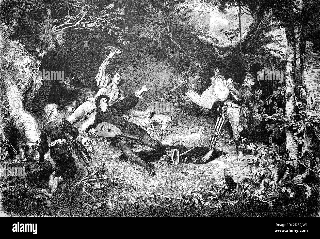 Studenti in viaggio in un campeggio nella foresta, 1875, Francia / Reisende Studenten bei einem Lagerplatz im Wald, 1875, Frankreich, Historisch, storico, digitale riproduzione migliorata di un originale del 19 ° secolo / digitale Reproduktion einer Originalvollage aus dem 19. Jahrhundert, Foto Stock