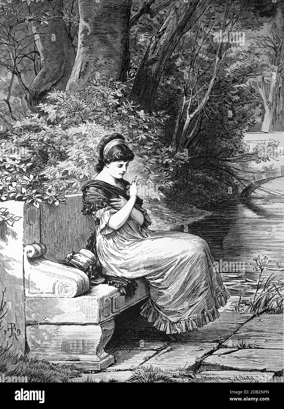 Giovane donna seduta su una panchina in un parco e guardando l'anello sul suo dito, impegno / Junge Frau sitzt auf einer Bank im Park und betrachtet den Ring an ihrem Finger, Verlobung, Historisch, storico, Riproduzione digitale migliorata di un originale del 19 ° secolo / digitale Reproduktion einer Originalvollage aus dem 19. Jahrhundert, Foto Stock