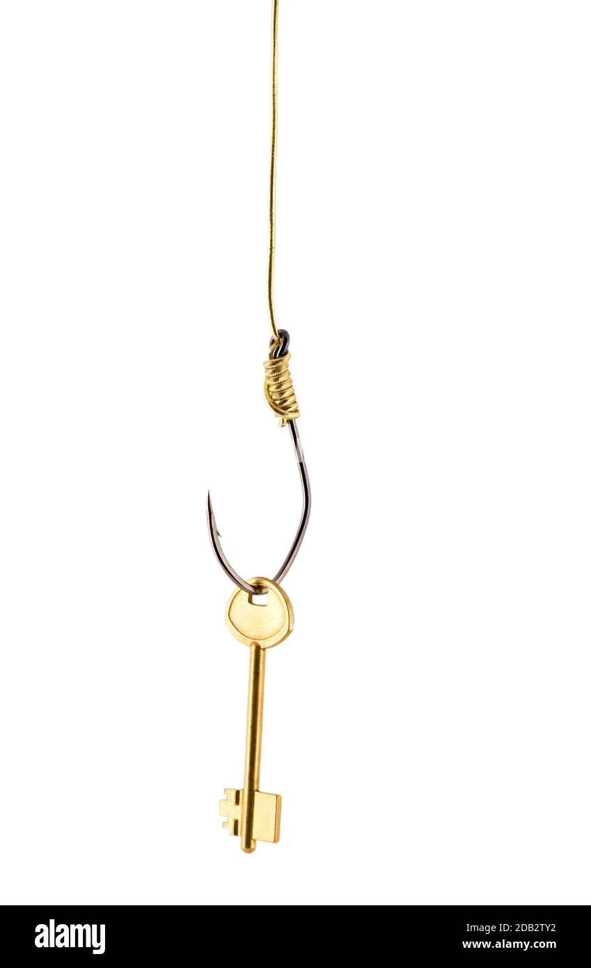 Concetti chiave d'oro su gancio isolati su sfondo bianco Foto Stock