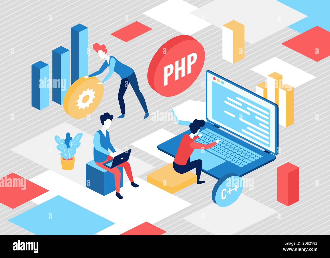 Sviluppo Web concetto isometrico illustrazione vettoriale. Cartoon 3d Tiny sviluppatori lavorano, creano un linguaggio di programmazione del codice, i programmatori lavorano alla codifica, il moderno background tecnologico del sito web Illustrazione Vettoriale
