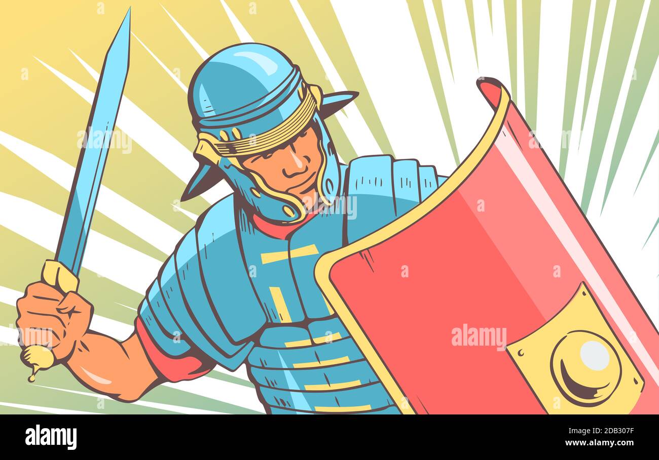 Soldato romano legionnaire in battaglia. Nelle mani di una spada e di uno scudo rosso. Vestita con armatura in ferro. Illustrazione vettoriale in stile pop art. Illustrazione Vettoriale