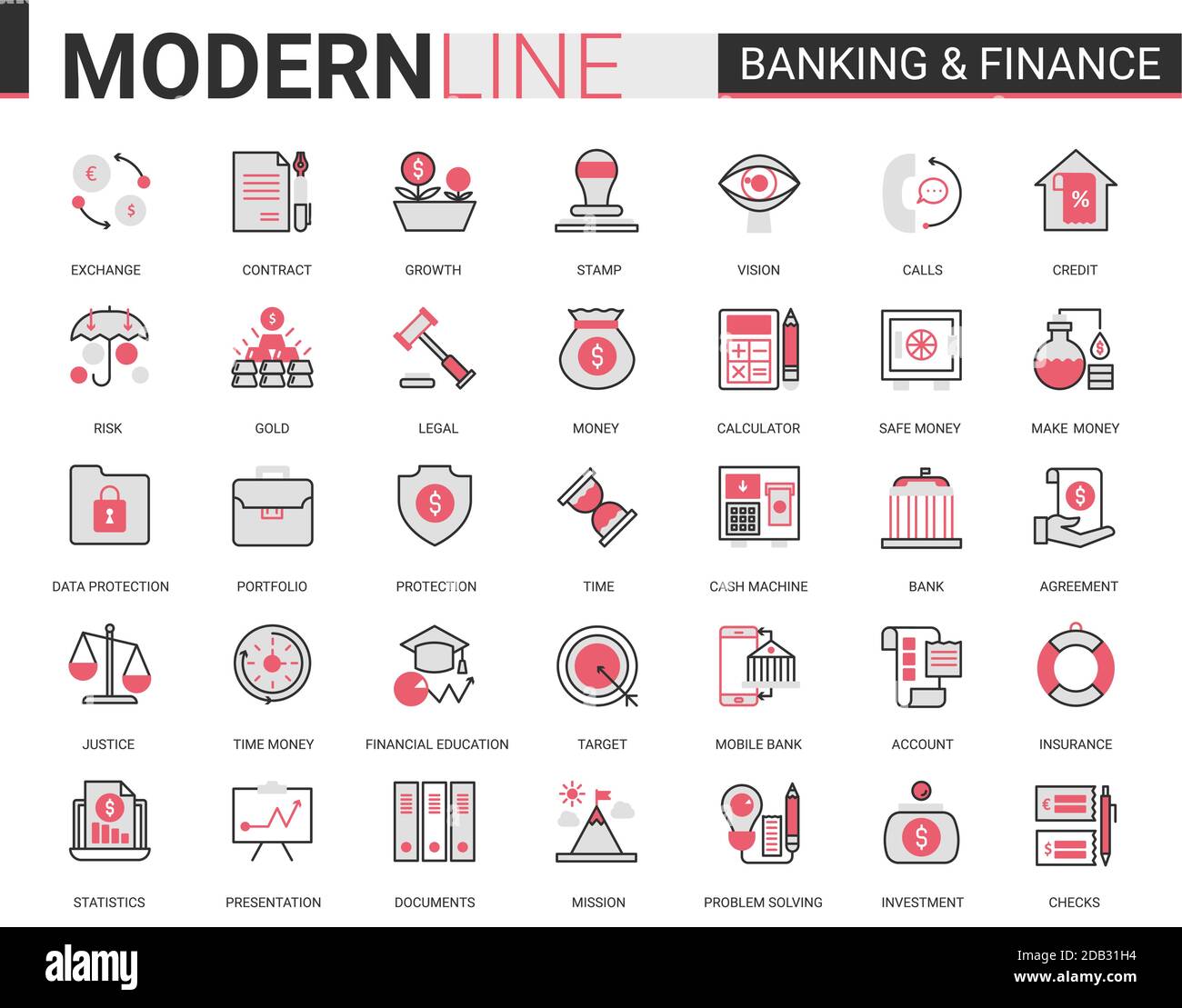 Set di illustrazioni vettoriali con icone piatte di linee nere rosse sottili per finanza e banche. Siti web creativi, simboli di profilo finanziario del software di banca digitale, assicurazione legale e raccolta di business cyber sicurezza Illustrazione Vettoriale