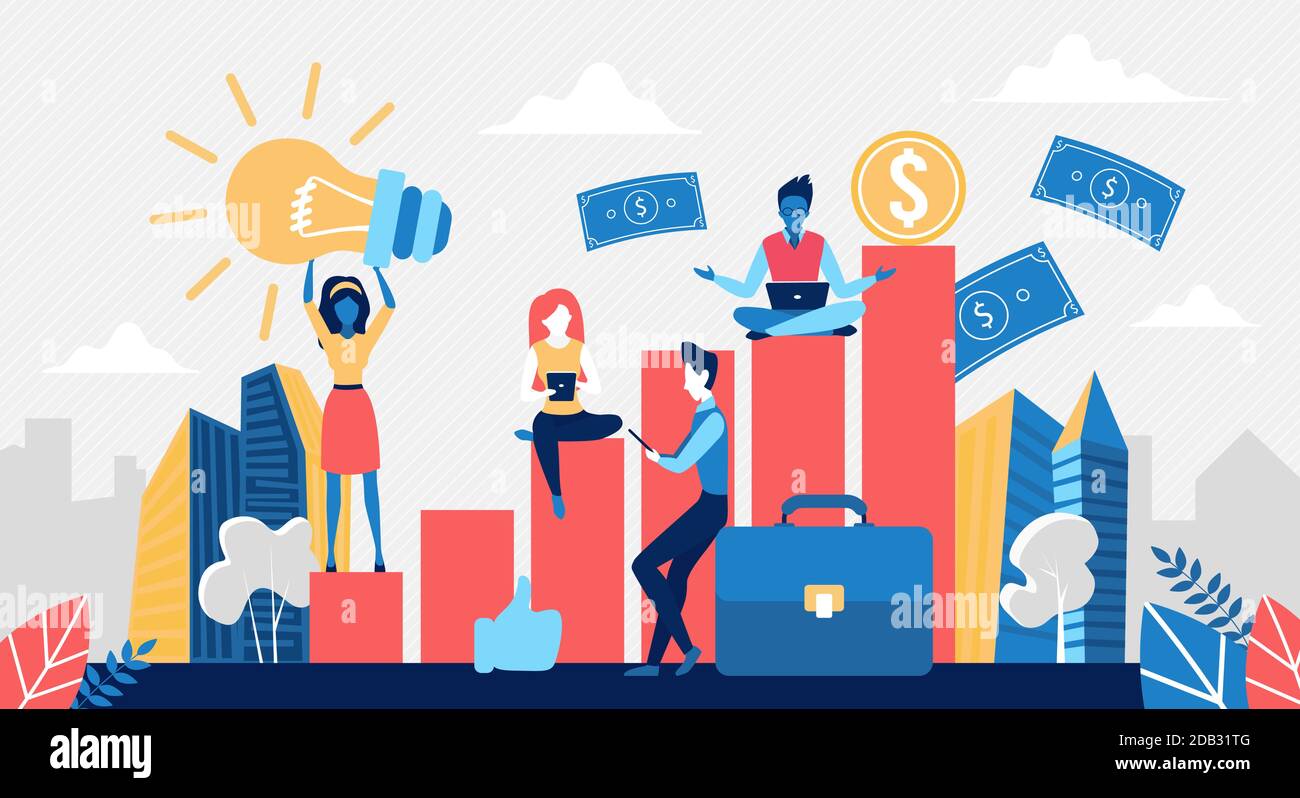 Scala scala per l'illustrazione del vettore di successo di affari. Personaggio di Cartoon uomo d'affari sul percorso verso la crescita di carriera superiore, il team di partner o dipendenti di ufficio raggiungere gli obiettivi di successo concetto background Illustrazione Vettoriale