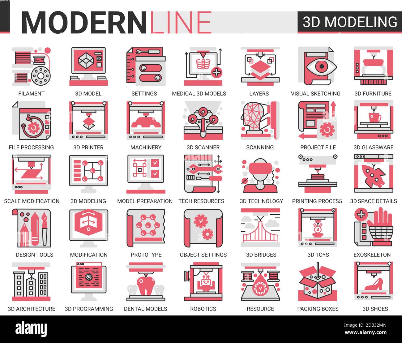 stampa 3d complessa linea piatta concetto scienza tecnologia web icone serie vettoriale. Design creativo a linea sottile rosso nero con modellazione di macchinari per stampanti tecnologicamente moderni, innovazione scientifica futura Illustrazione Vettoriale