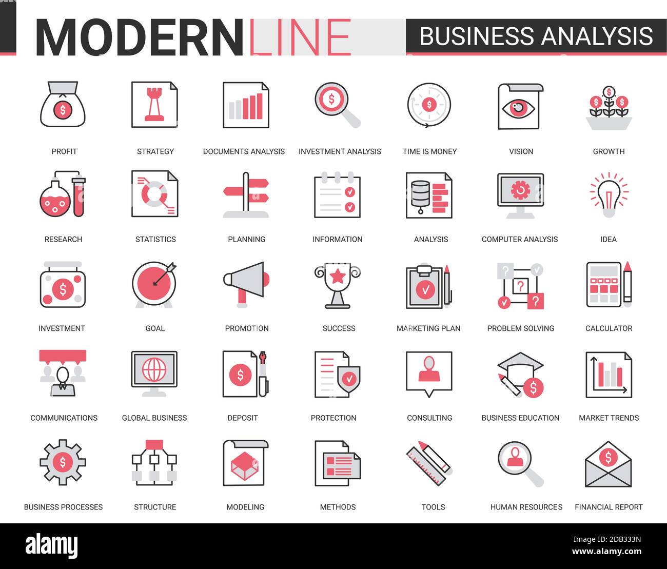 Business analytics flat thin red black line Icons set di illustrazioni vettoriali, strumenti di analista per l'analisi digitale delle informazioni di borsa, strategia di consulenza delineare la raccolta di simboli web Illustrazione Vettoriale