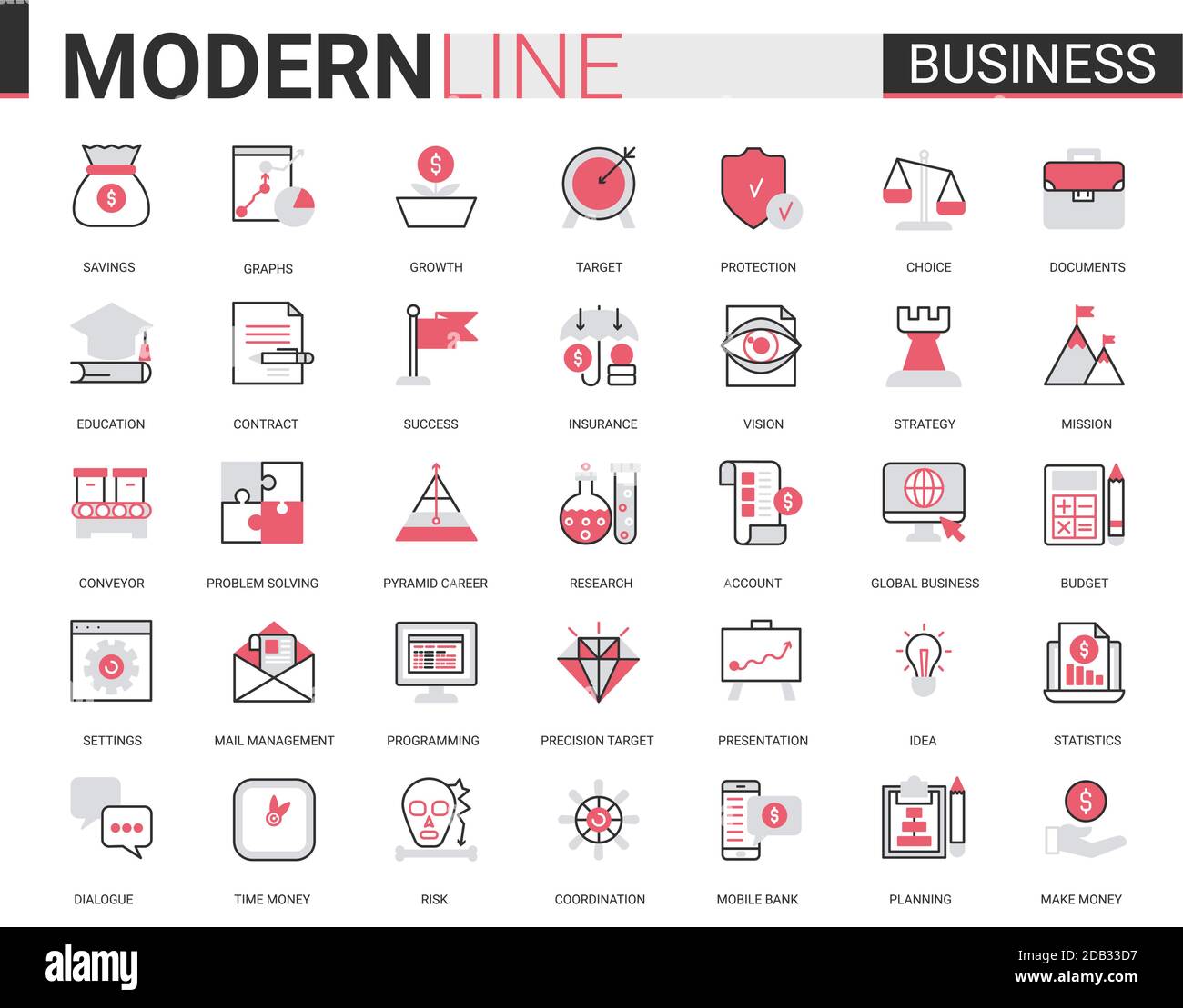 Business flat sottile rosso linea nera icona vettore illustrazione insieme con contorno infografica simboli di successo strategia di business per la crescita di risparmio di denaro, il budget di pianificazione di successo e lavoro d'ufficio Illustrazione Vettoriale