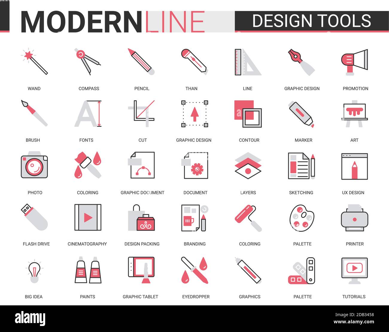 Art design tool flat sottile rosso nero linea icone vettoriale set di illustrazione, profilo professionale creativo studio oggetti collezione di designer pittogramma attrezzature di processo, forniture per la riparazione di interni Illustrazione Vettoriale