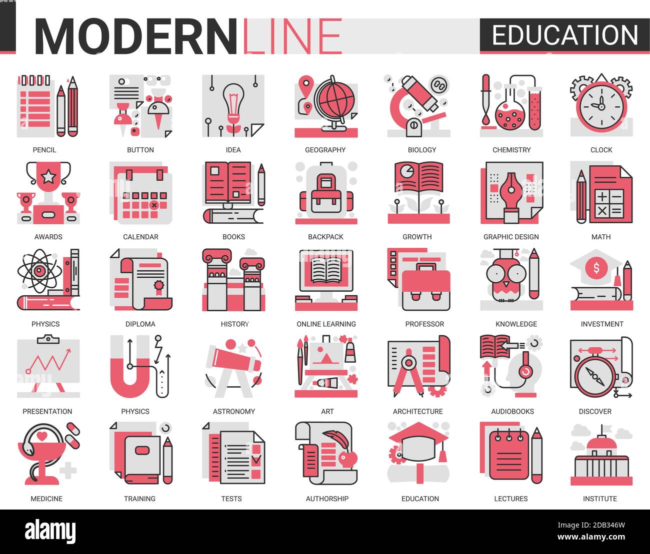 Formazione complesso concetto flat line icona insieme vettoriale con profilo infografica scuola, laboratorio o università, simboli educativi, attrezzature di laboratorio esperimento, libro scolastico e cancelleria Illustrazione Vettoriale