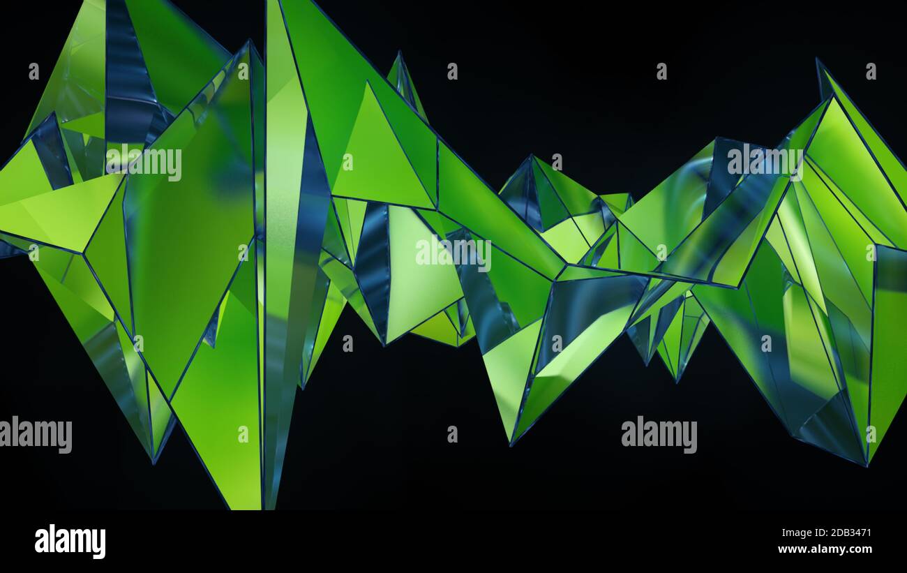 Sfondo digitale astratto con rendering 3D delle particelle geometriche verdi Foto Stock