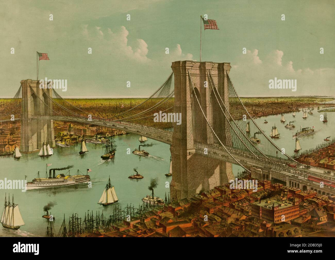 Il grande ponte sospeso East River: Collega le città di New York e Brooklyn. Vista da New York, guardando a sud Bird's vista, che mostra il sistema completo del ponte - la passeggiata - le piste della funivia - e la strada delle carrozze. Foto Stock