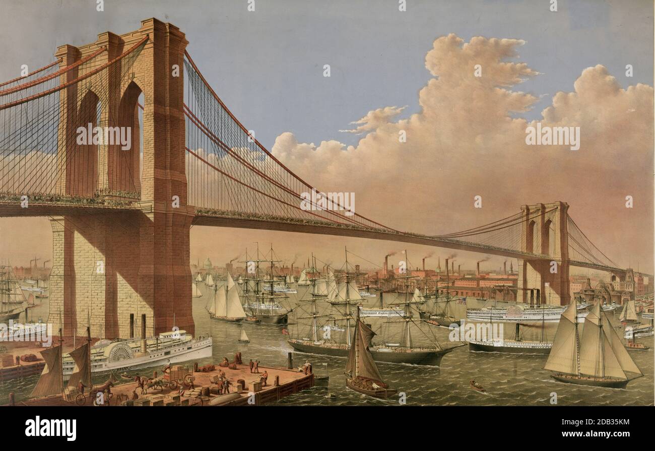 Il grande ponte sospeso East River: Collega le città di New York e Brooklyn da New York guardando a sud-est. Foto Stock
