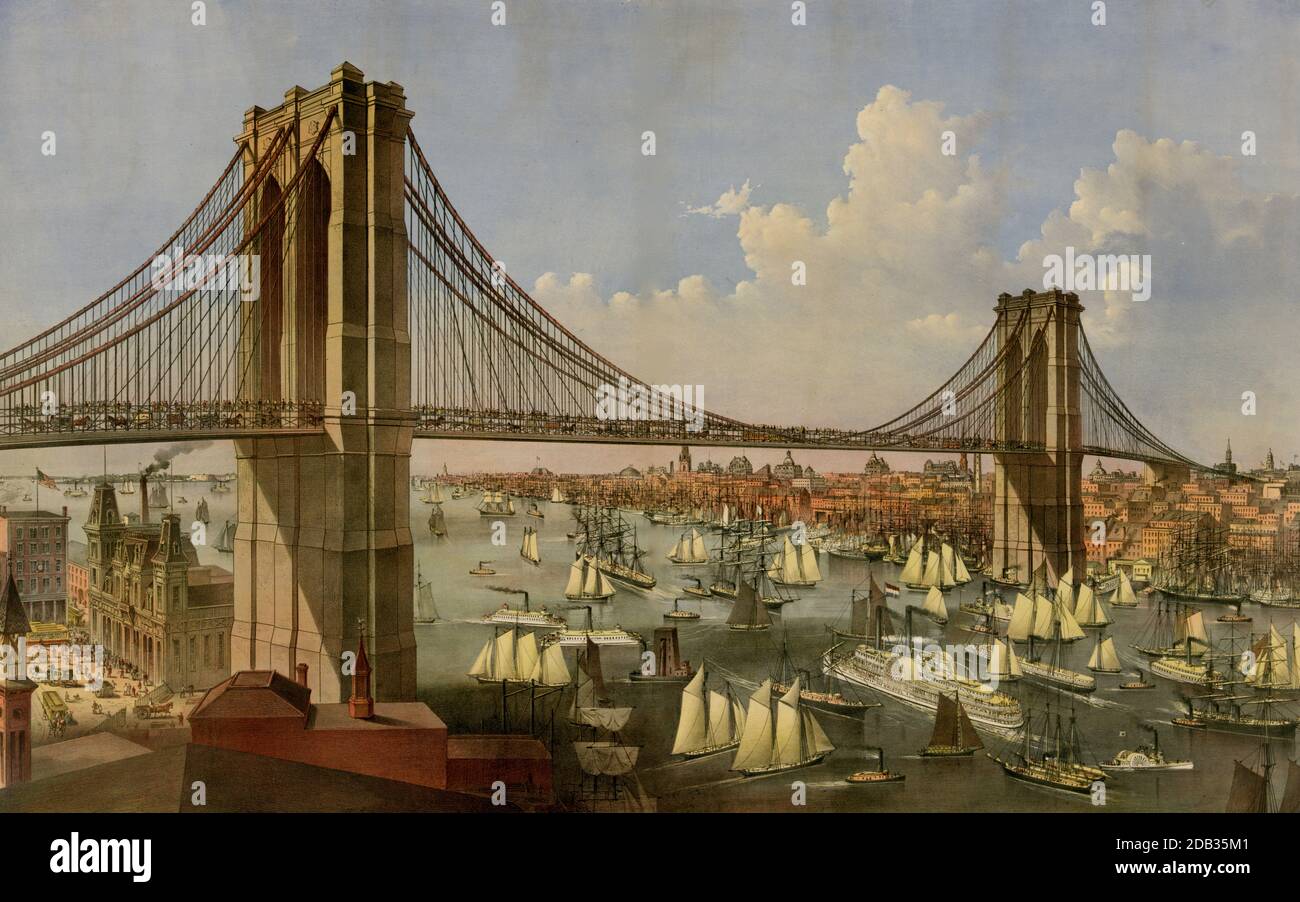 Il grande ponte sospeso East River che collega le città di New York e Brooklyn. Foto Stock