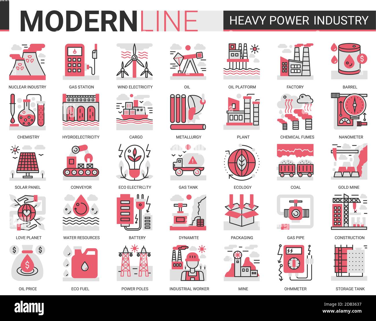 Industria dell'energia pesante concetto complesso linea piatta icona vettore insieme con contorno infografica industriale fabbricazione simboli di metallurgia, impianto chimico e fabbrica, produzione di elettricità Illustrazione Vettoriale