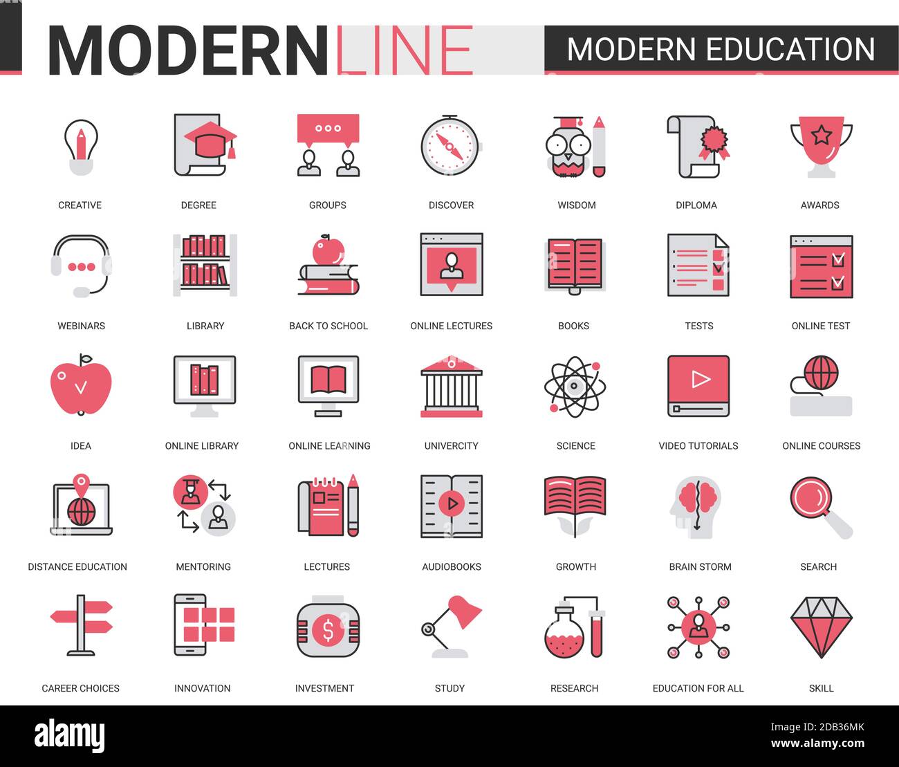 Moderna istruzione, icone a linea piatta, set di illustrazioni vettoriali con simboli di tecnologia didattica lineare per applicazioni mobili con l'apprendimento dei processi in corsi di tecnologia online, scuole o università Illustrazione Vettoriale