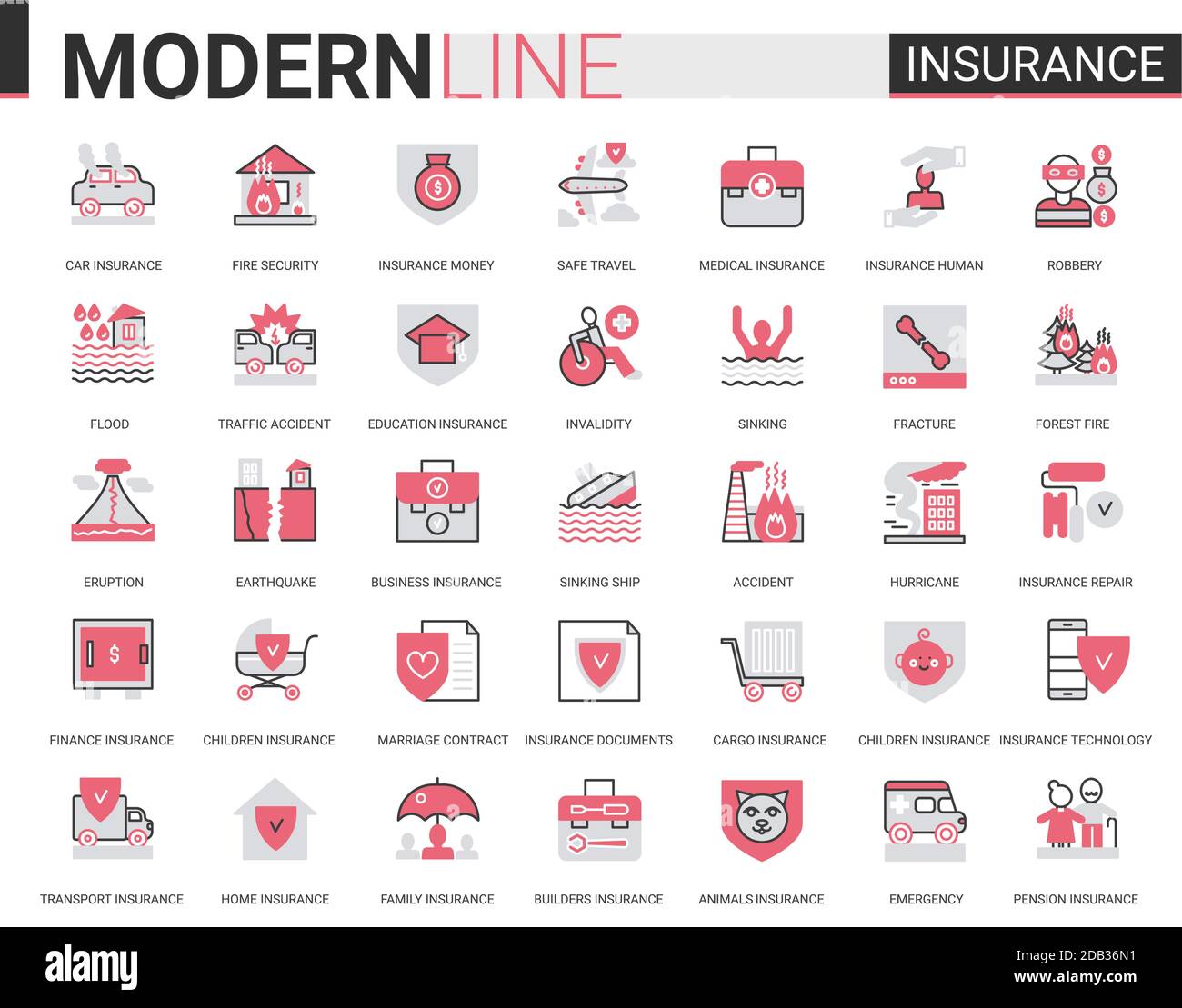 Assicurazione flat sottile rosso nero linea icona vettore illustrazione insieme con profilo assicurazione infografica simboli di applicazione del servizio di assicurazione per la salute della famiglia, la proprietà domestica o il trasporto dell'automobile, finanza di affari Illustrazione Vettoriale