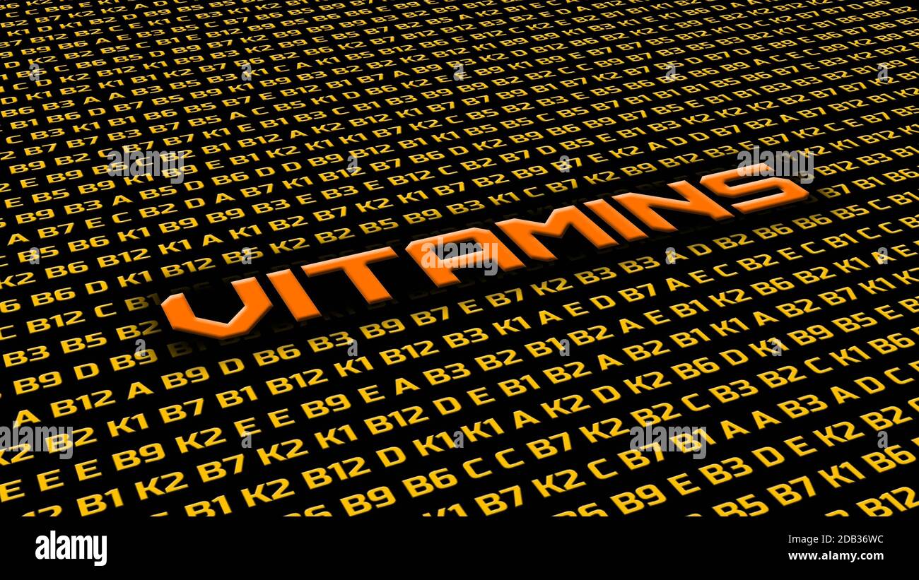 Simboli delle vitamine in ordine casuale - parole VITAMINE come titolo - lettere in giallo e arancione su sfondo nero Foto Stock
