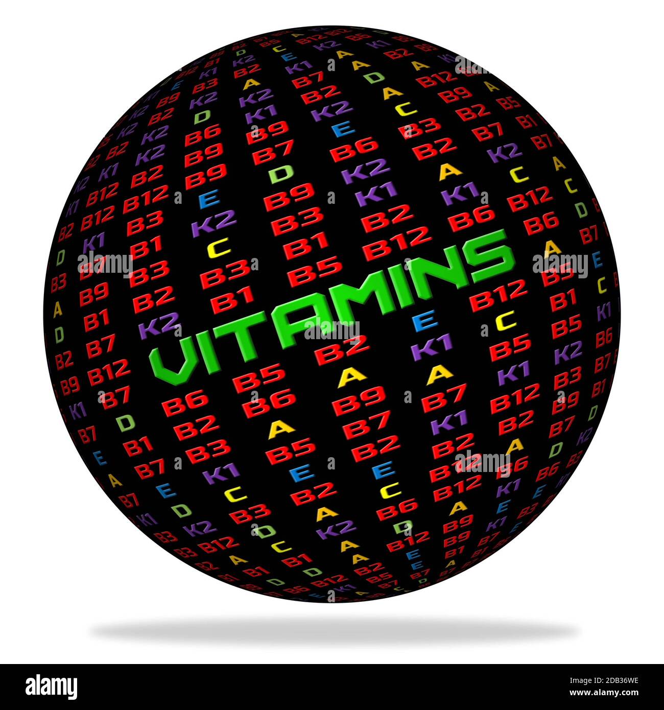 Simboli delle vitamine in ordine casuale - parola VITAMINA come titolo - segni in colori diversi - globo nero con ombra sul pavimento Foto Stock