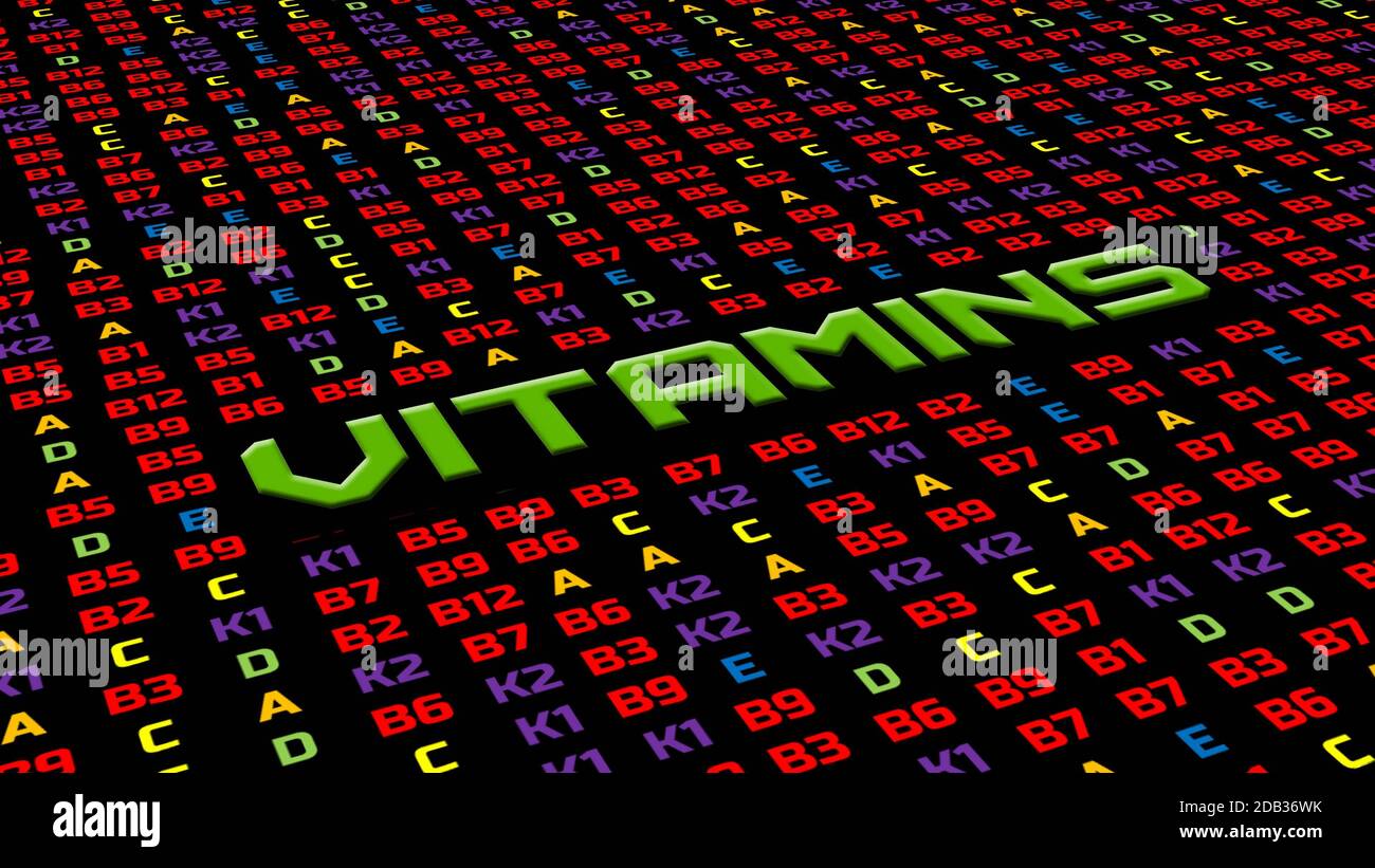 Simboli di vitamine in ordine casuale - parola VITAMINA come titolo - segni in diversi colori su sfondo nero Foto Stock