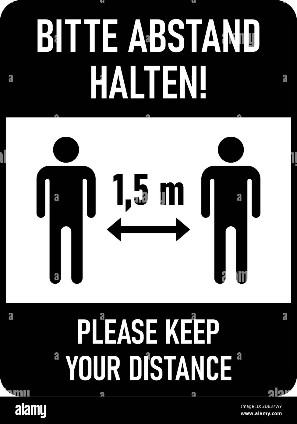 Bitte Abstand Halten ('Please Keep your distance' in German) 1,5 m o 1,5 metri Bilingue Tedesco-Inglese verticale icona di istruzioni. Immagine vettoriale. Illustrazione Vettoriale