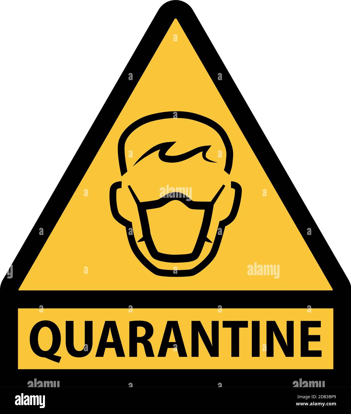 Cartello giallo di avvertenza della zona di quarantena per la protezione respiratoria di forma triangolare e cornice rossa Illustrazione Vettoriale