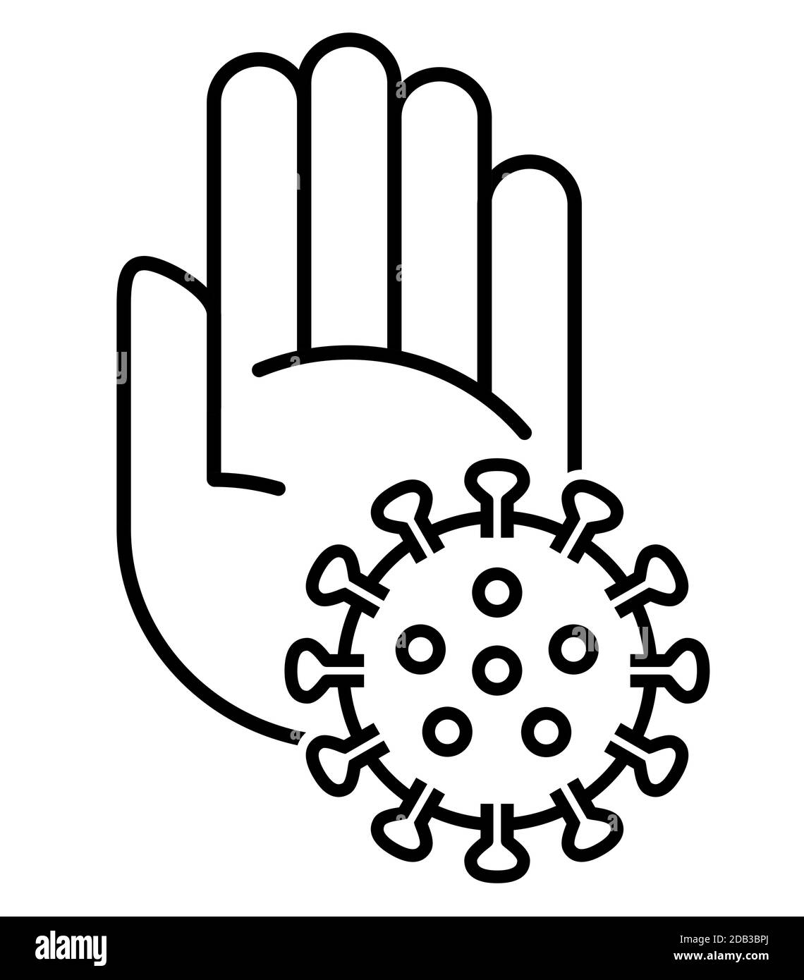 Icona della linea d'arte del simbolo di arresto del palmo della mano e del virus corona icona dell'illustrazione vettoriale per l'avviso di infezione Illustrazione Vettoriale
