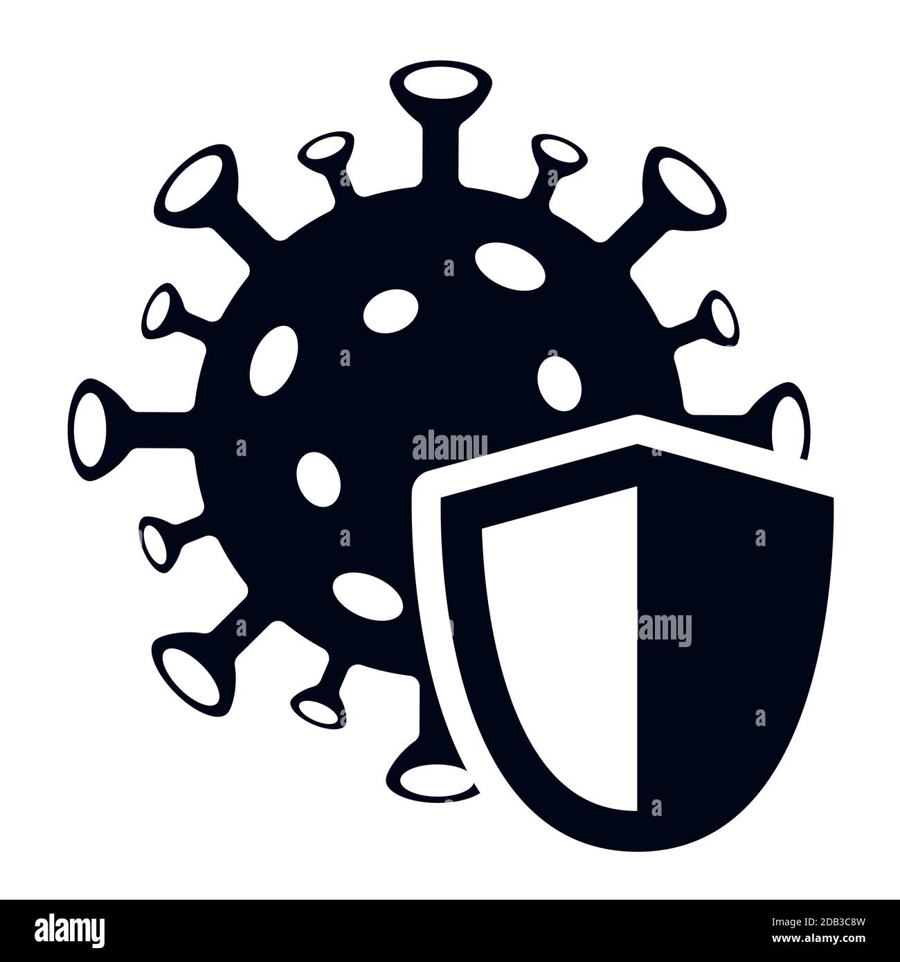 Virus corona con icona o simbolo vettoriale di protezione per protezione e resistenza Illustrazione Vettoriale