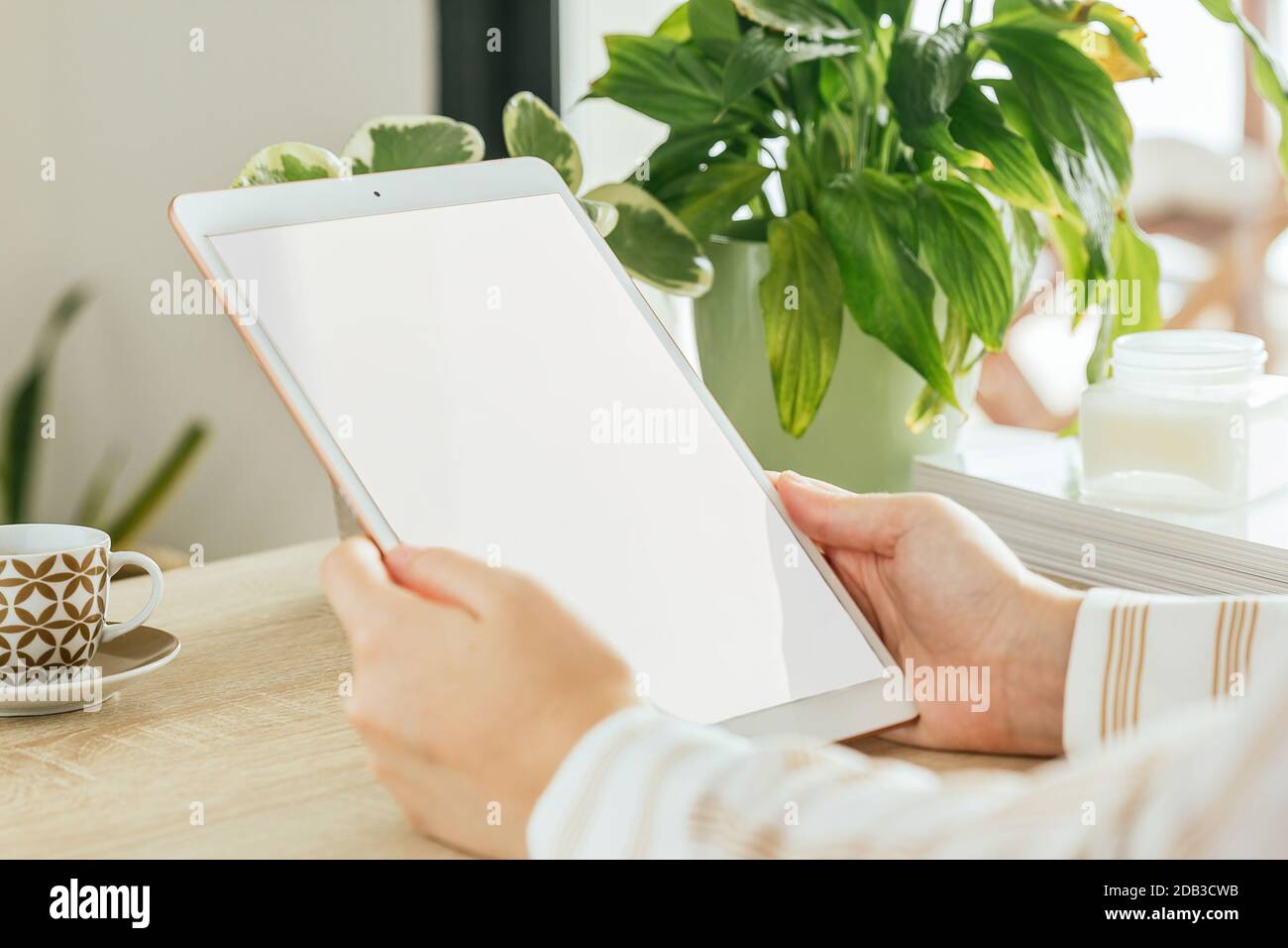 Tablet bianco schermo mockup tenuto da una mano di una donna che è in soggiorno. Schermo vuoto per inserire il progetto. Foto Stock