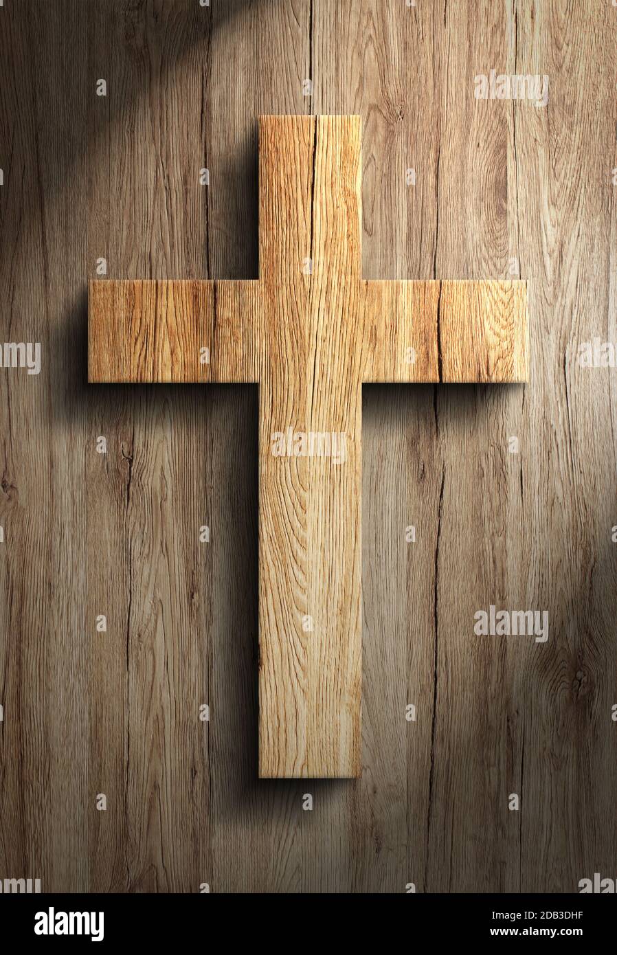 Cristianesimo croce di legno di gesù cristo segno e muro di legno con faretti e ombre Foto Stock