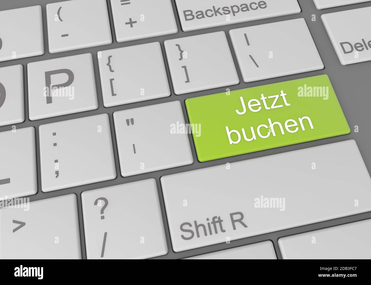 Immagine digitale della tastiera di un computer con una tastiera verde tedesco prenota ora pulsante Foto Stock