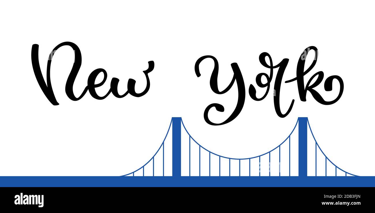 Scritta a mano a New York e silhouette a ponte. Modello per scheda, poster, stampa. Illustrazione Vettoriale