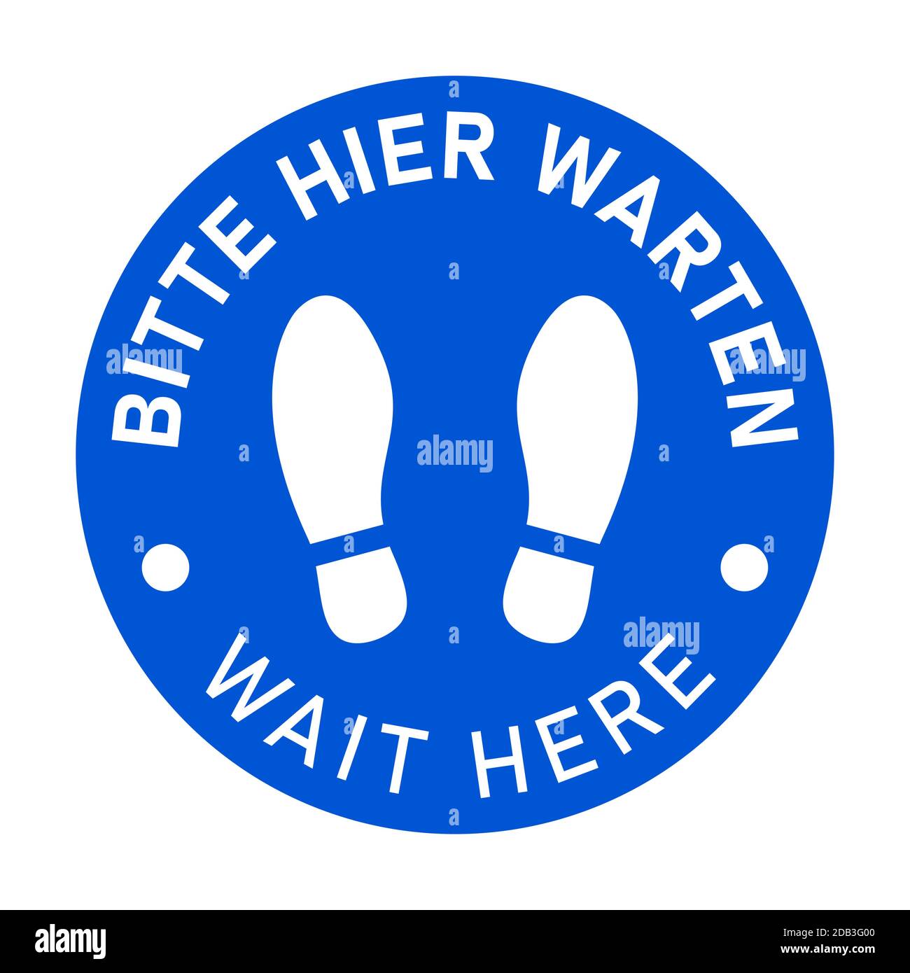 Icona bilingue di marcatura a pavimento rotondo in tedesco e inglese con Shoeprints con frasi "Bitte Hier Warten" e "Please wait". Immagine vettoriale. Illustrazione Vettoriale