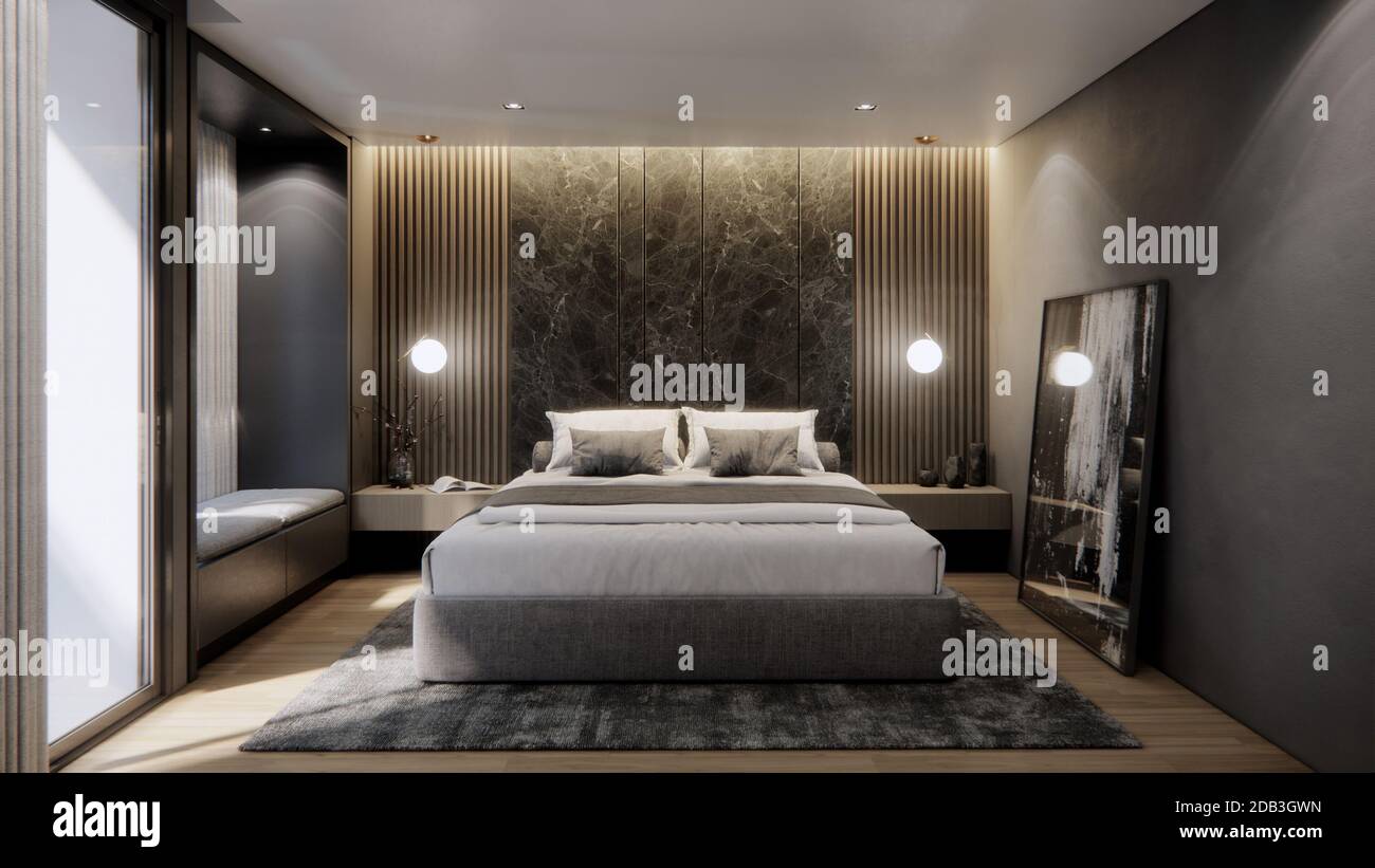 Interni di una camera da letto moderna e lussuosa con letto matrimoniale e  parete in marmo, sfondo in 3D Foto stock - Alamy