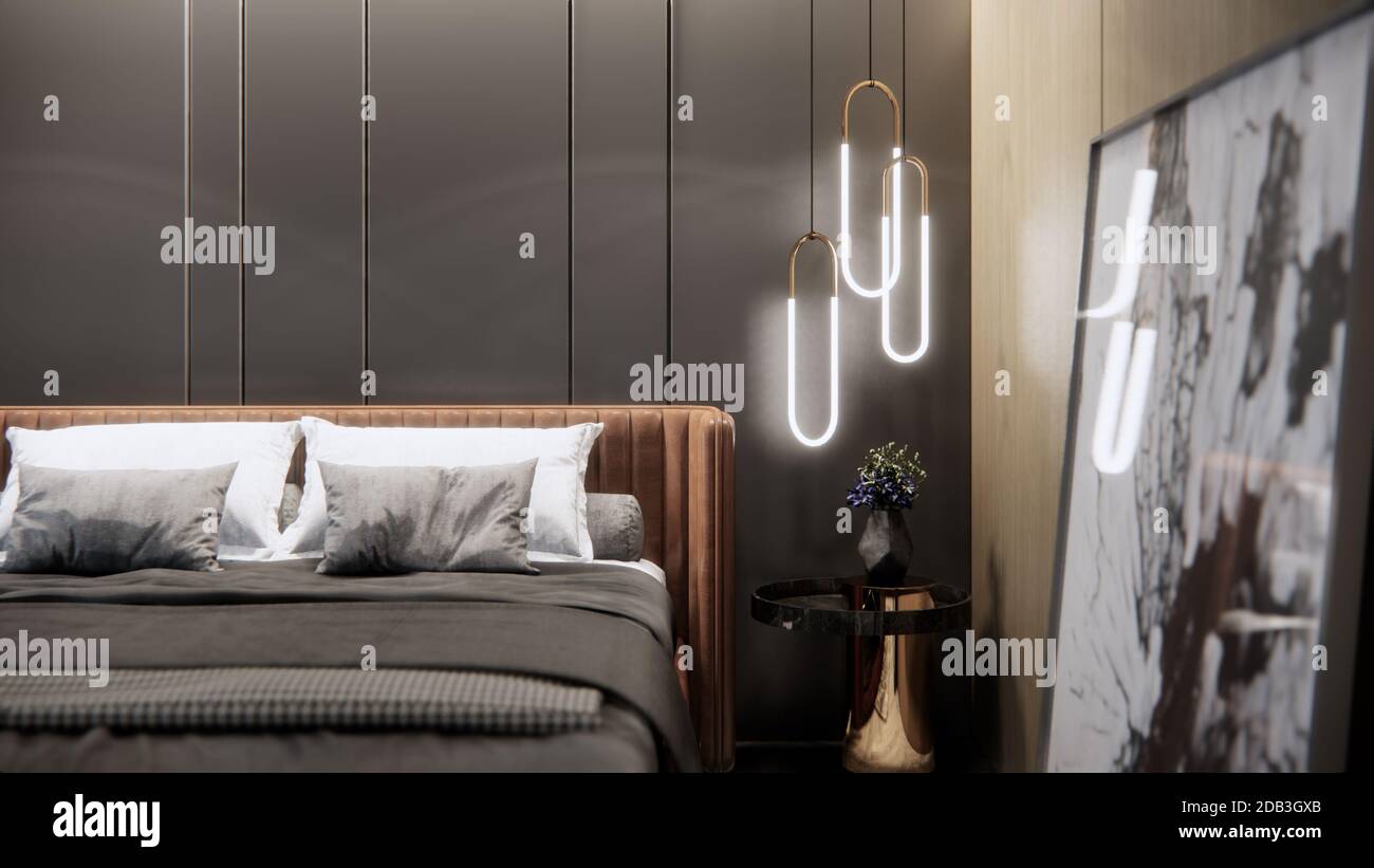 Interni di una camera da letto moderna e lussuosa, sfondo in 3D Foto Stock