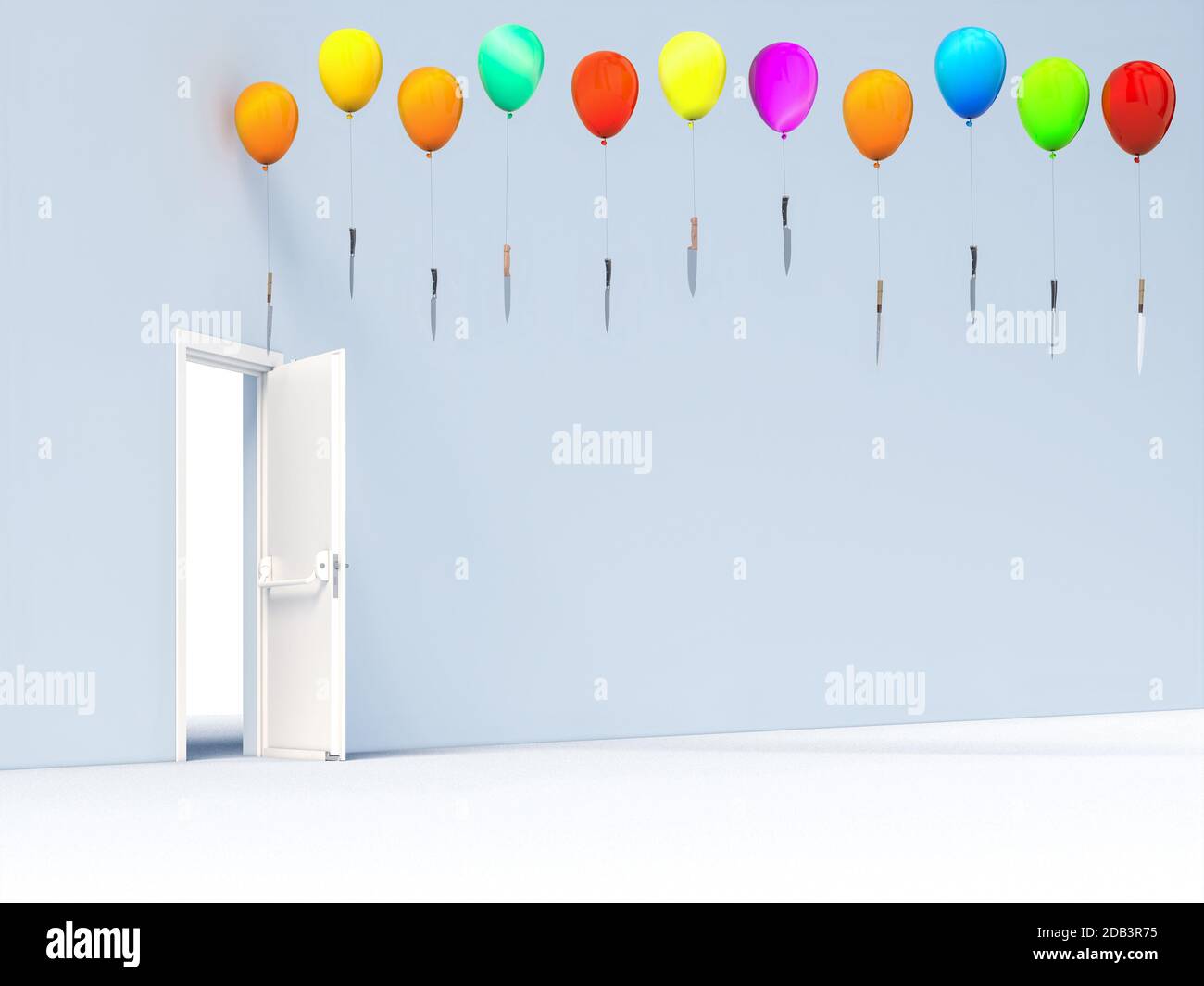 aprire la porta e volare palloncini con coltelli. Concetto di rischio e pericolo. rendering 3d. Foto Stock