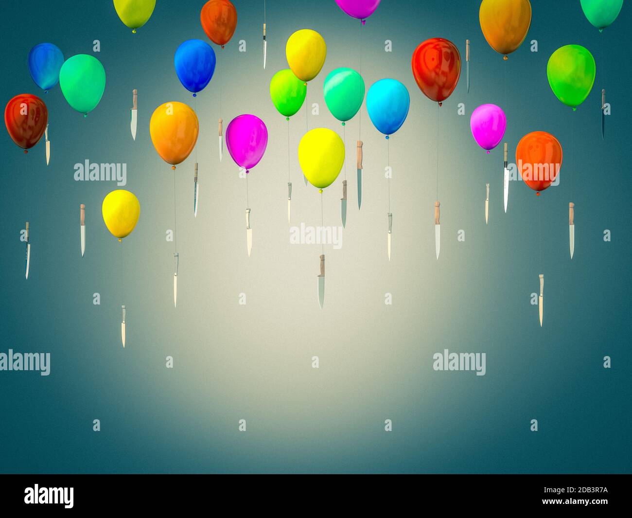 palloncini volanti con coltelli. Concetto di rischio e pericolo. rendering 3d. Foto Stock