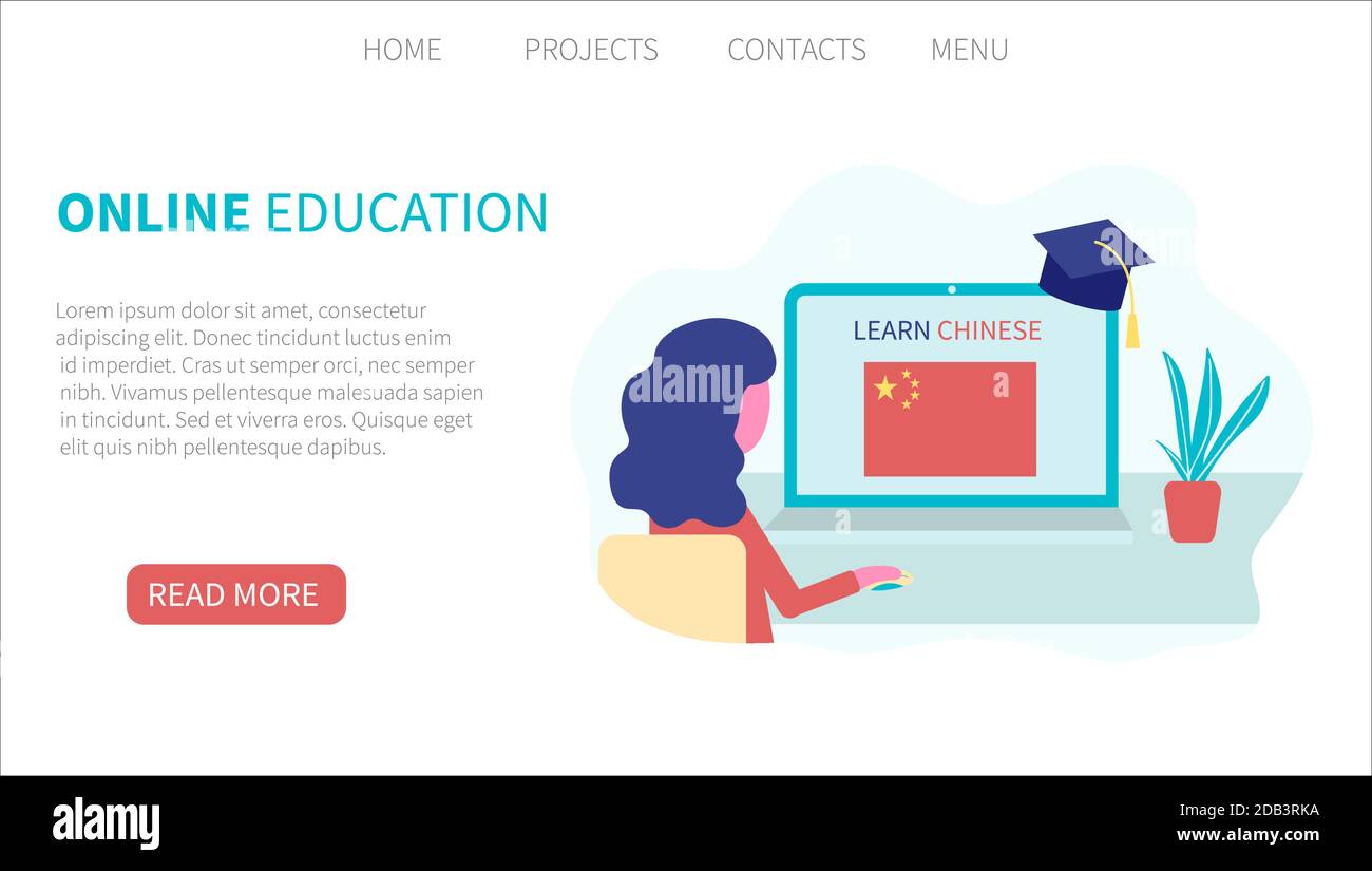 Modello pagina di destinazione. Apprendimento cinese online, concetto di istruzione a distanza. Formazione e corsi di lingua. Studentessa studia lingue straniere Illustrazione Vettoriale