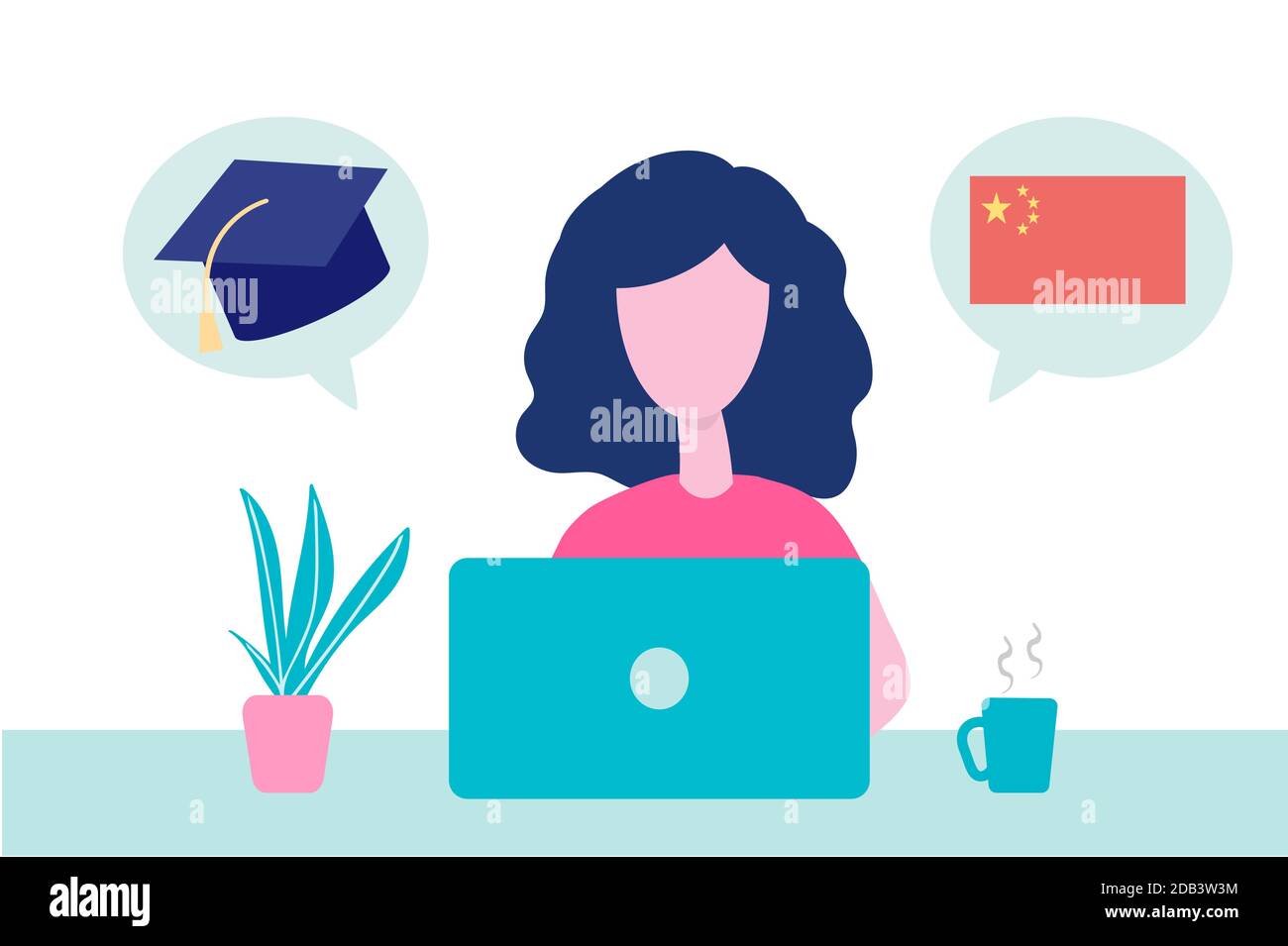 Online Chinese Learning, concetto di formazione a distanza. Formazione e corsi di lingua. Studentessa studia lingue straniere su un sito web in un computer portatile Illustrazione Vettoriale