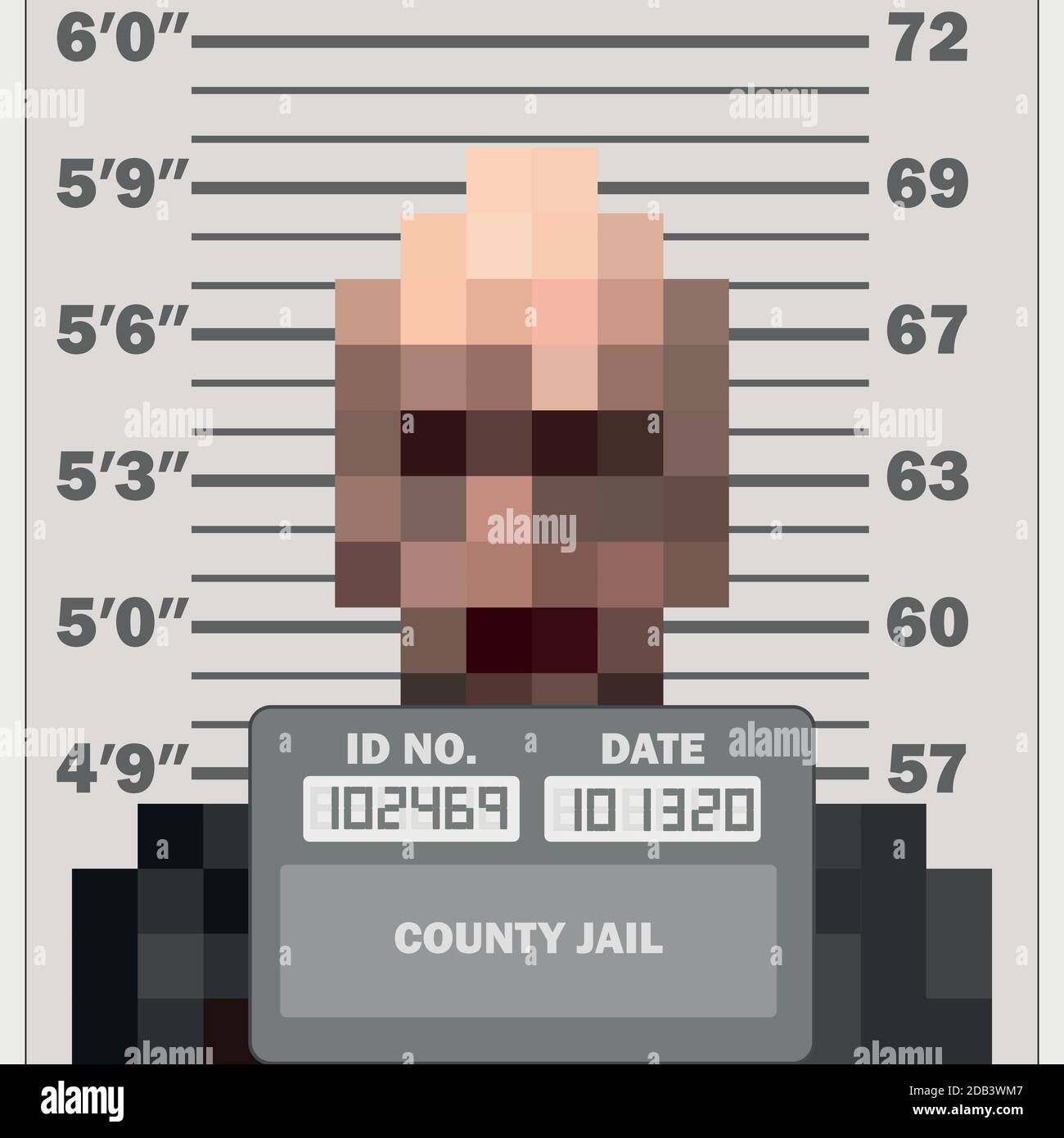 Colpo di pugilato criminale, vista frontale del sospetto pixelato, con scala di misurazione, illustrazione vettoriale Illustrazione Vettoriale
