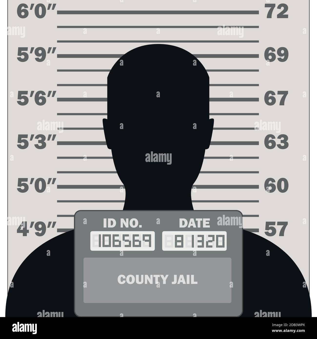 Scimmietta criminale, vista frontale della silhouette sospetta, con scala di misurazione, illustrazione vettoriale Illustrazione Vettoriale